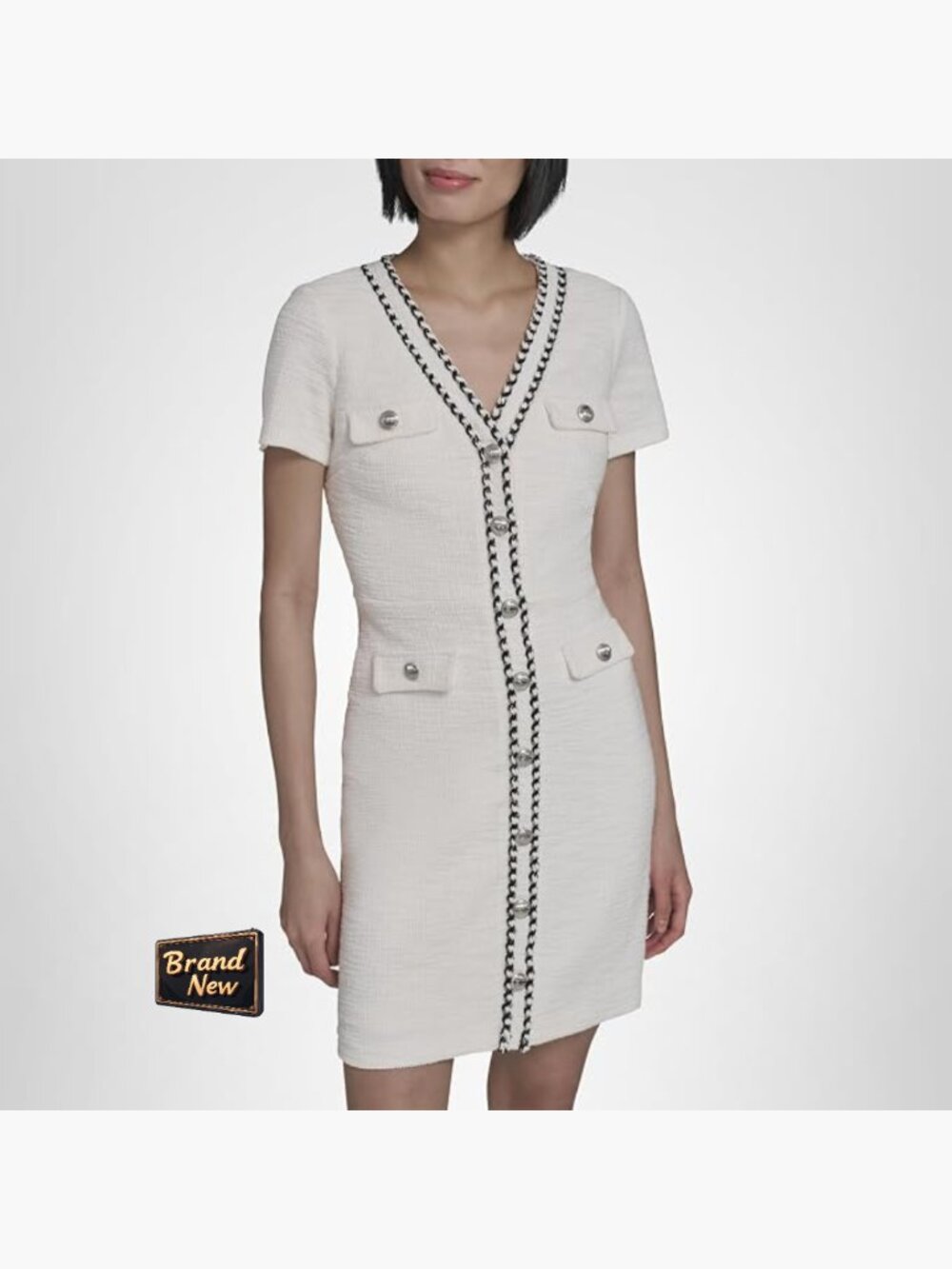 Karl Lagerfeld Tweed Sheath Dress Short Sleeve V-Neck Mini